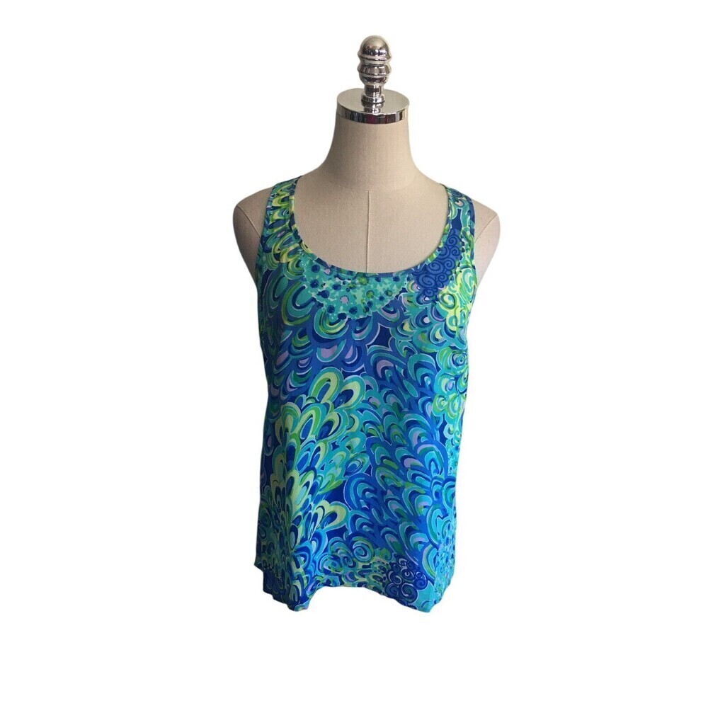 Lilly Pulitzer Top Women's Size Small Green Blue Silk Sleeveless Zip Back